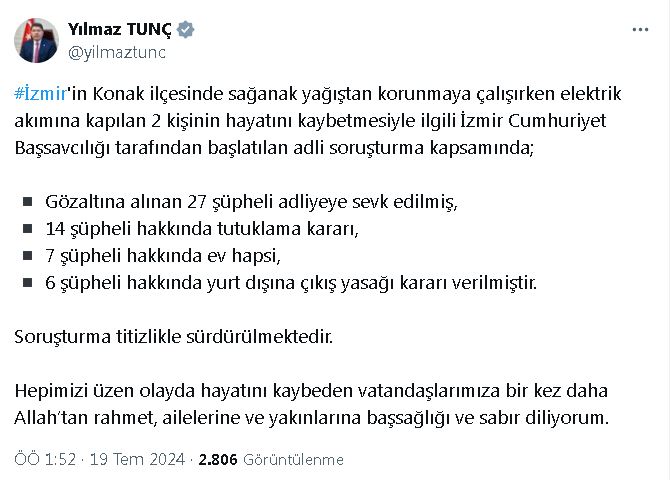 Bakan Tunç: İzmir’de akıma kapılan 2 kişinin ölümüyle