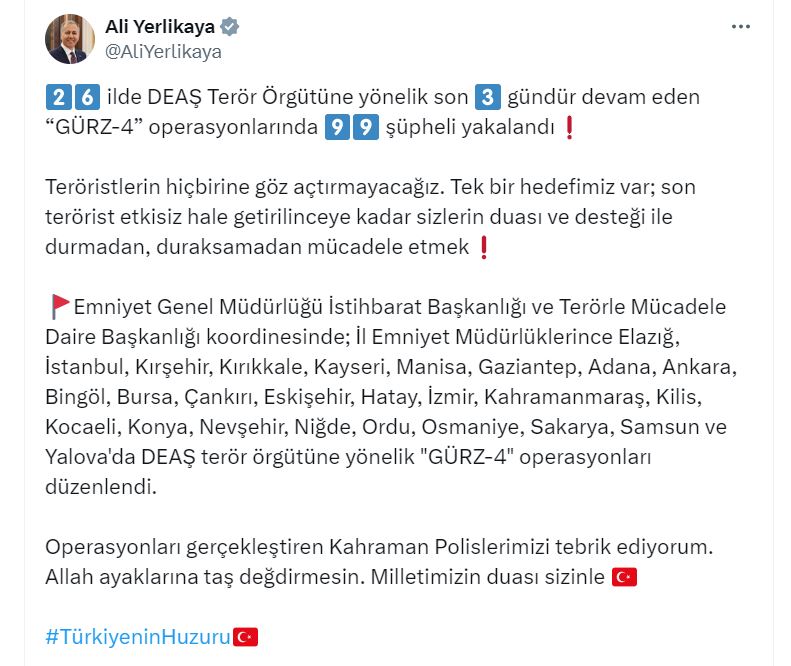 26 ilde DEAŞ terör örgütüne yönelik 'Gürz-4' operasyonu: