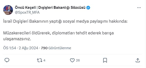 Dışişleri Sözcüsü Keçeli: Diplomatları tehdit ederek bar